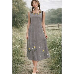 Vintage Gingham Cotton Shift Dress Floral Applique Cottagecore Milkmaid Midi M